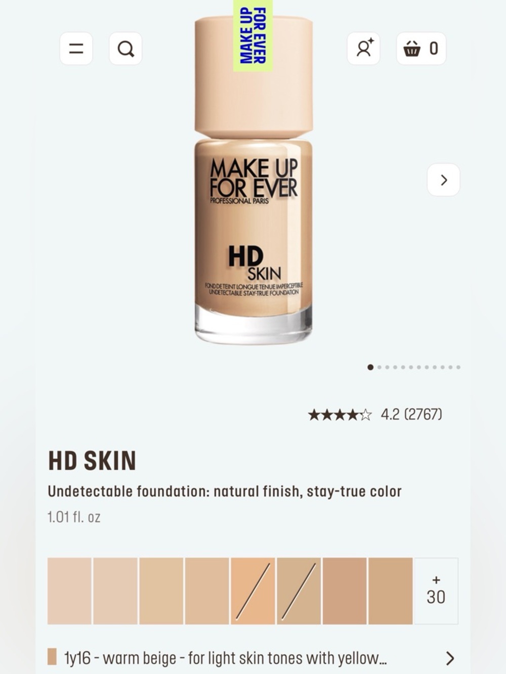Makeup Forever HD Skin Undetectable Foundation, Shade 1Y16, Warm Beige